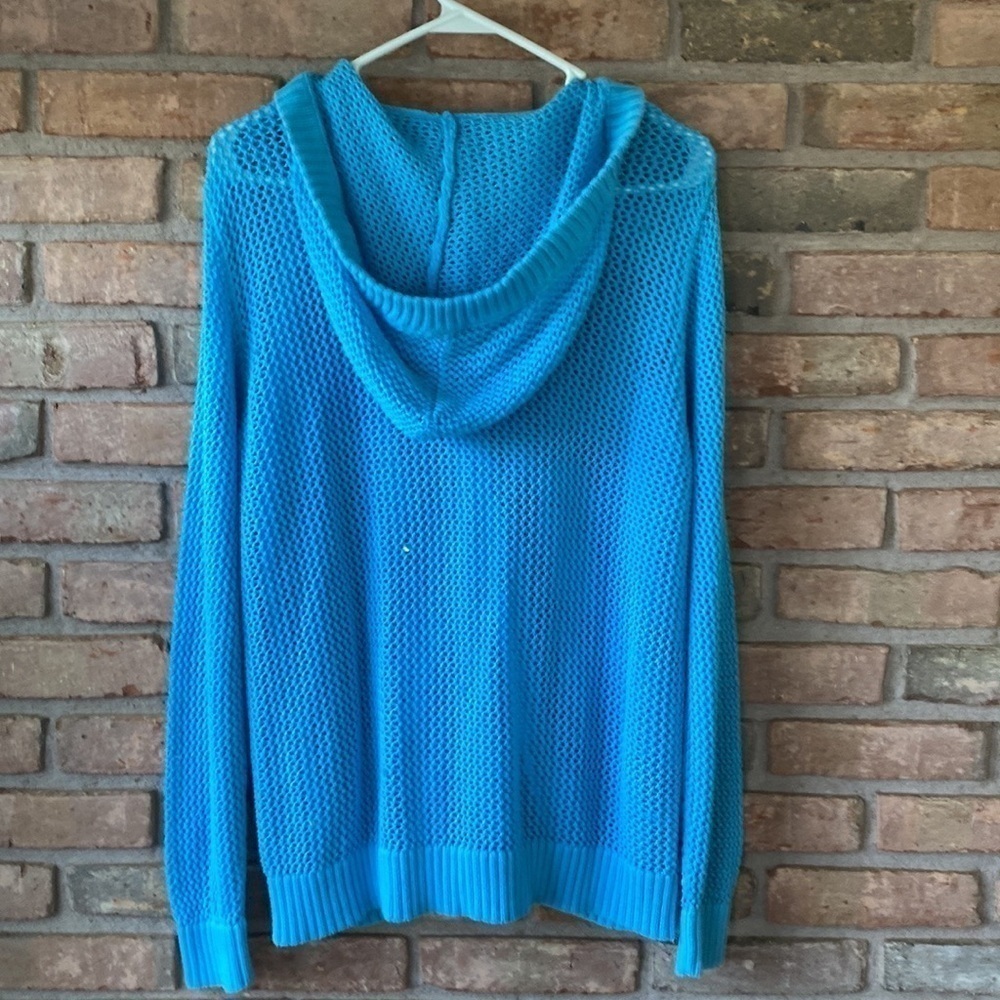 Quacker Factory Turquoise Open Knit Hoodie Cardigan Large GUC - Picture 3 of 8